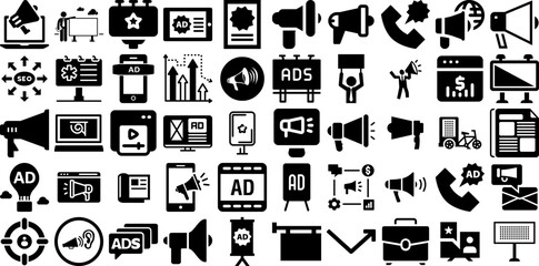 Fototapeta na wymiar Mega Set Of Advertising Icons Collection In Trendy Solid Filled Isolated Style. Business, Icon, Social, Marketing, Media, Advertising, Internet Big Set Icons Collection Vector Illustration