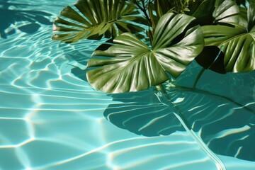 Fototapeta na wymiar Summer tropical background. Swimming pool with tropical leaf shadow , Generative Ai