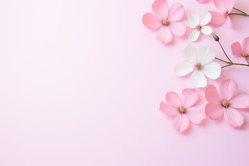 Top view pink flowers fresh green leaves with copy space background. Generative AI.