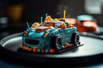 Kids' birthday cake in the form of car. Children birthday party. Blue cake car on the celebration room background.  Great for cars theme celebration concept. Generative AI - obrazy, fototapety, plakaty