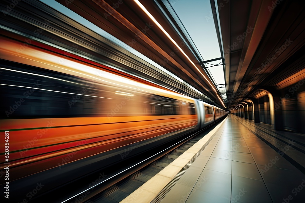 Poster fast train blurring through tunnel with brown tones. futuristic business travel and commuting concep