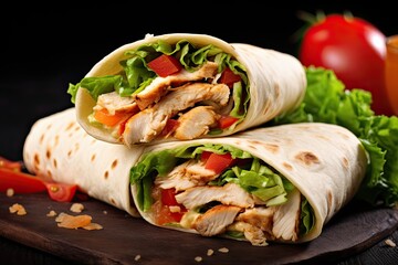 Enclosed Fajita Chicken Wrap Sandwiches on a Background of Healthy Food. Horizontal Cookery Shot with Pop Colours. Generative AI