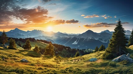 Evening Alpine Landscape Panorama with Herzogstand Mountain in Bavaria. Stunning Ridge and High Alps, Sunset Mood. Generative AI