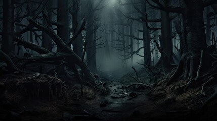 Fototapeta na wymiar Fantasy Landscape: Dark Forest Panorama with Eerie Fog and Moody Trees - Perfect for Halloween Background: Generative AI