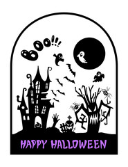 Halloween Illustration, Surface Print, Creepy Halloween Castle, Collection of Ghostly Doodles
