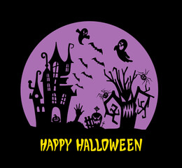 Halloween illustration, Surface print, Silhouette of Halloween objects