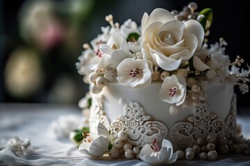Obraz na płótnie Canvas Beautiful white,cream baptism, wedding, birthday celebration cake decorated with white sugar mastic flowers. Beautiful delicious cake in a restaurant. 