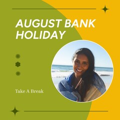 August bank holiday text with smiling asian woman on beach, on yellow and green background