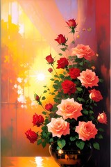 A sumptuous bouquet of roses in a vase at sunset. Generative Ai illustration.