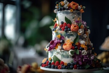 Beautiful white wedding cake decorated with colorful sugar mastic flowers. Beautiful delicious celebration cake in a restaurant. Wedding cake for a new life, newlyweds and their guests. Generative AI