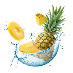 Pineapple with water splash in circle shape isolated