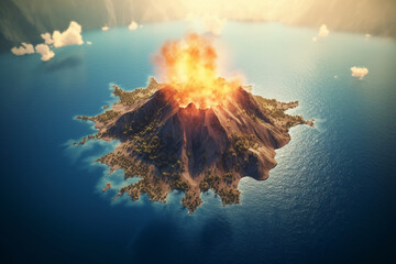 the volcano in the center of the island seen from above rendering minimal background - obrazy, fototapety, plakaty