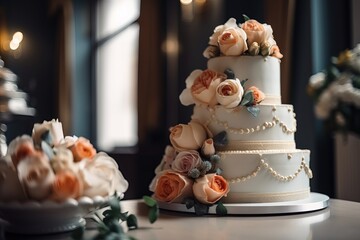 Fototapeta na wymiar Beautiful white wedding cake decorated with white, cream color sugar mastic flowers. Delicious white cake in a restaurant. Wedding cake for a new life, newlyweds and their guests. Generative AI