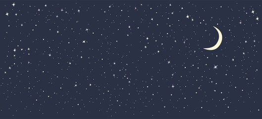 Dark monochromatic  night sky background with moon, stars and constellations.