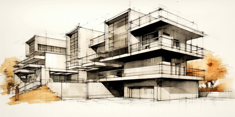 Fototapeta na wymiar Detailed pencil sketch of modern suburban house. Abstract imaginary building concept. Generative AI