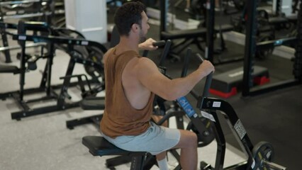 Fit Ordinary Man Working Out in Seated Row Machine at Modern Gym, Bearded Guy Doing Low Lat Muscles Training Exercises