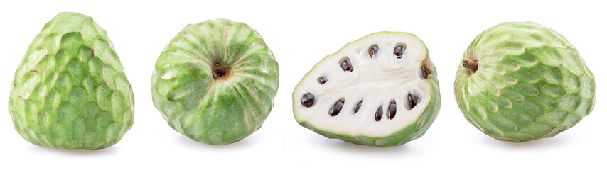 Set of cherimoya fruits and slices of fruit isolated on white background.