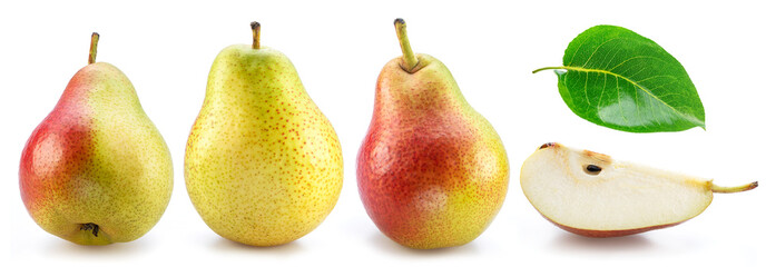 Set of ripe pears and pear leaf isolated on white background.