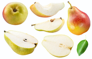 Set of pears and pear slices on white background. File contains clipping path.