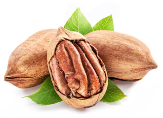 Shelled and cracked pecan nuts with leaves close-up on white background.