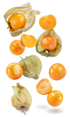Levitating ripe physalis or golden berry fruits on white background. File contains clipping paths.