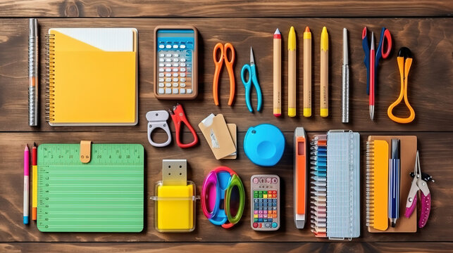 Flat lay school stationery on a wooden background. Back to school concept. Generative Ai