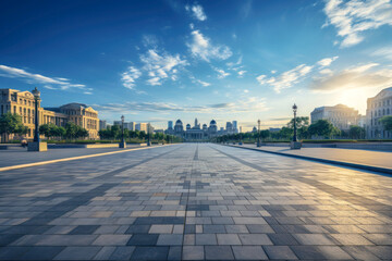 Panoramic skyline and modern business office buildings with empty road,empty concrete square floor , Generative Ai