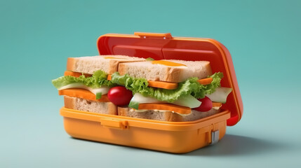 Healthy school lunch box with beef sandwich and fresh vegetables. Generative Ai