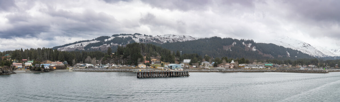 Panorama of the Ferry Dock with the town of Seldovia behind and mountains in the distance, Seldovia, Alaska, USA