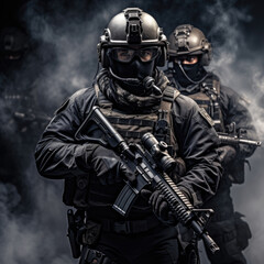 Armed special forces group on a dark background. Law and order protection concept. SWAT group. Antiterrorism. Special operation.