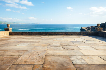 Fototapeta na wymiar Wide empty stone floor with ocean far background , Generative Ai