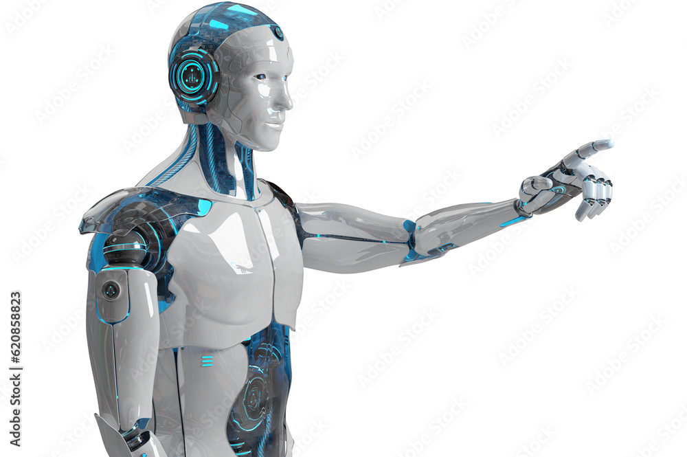 Poster isolated robot using artificial intelligence. futuristic cyborg pointing finger. 3d rendering white 
