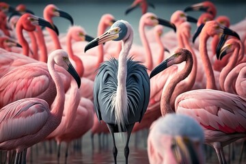 One gray heron among a flock of pink flamingos. One between others. One and many. Different, inspiring. Great for business, differences, individualities, loneliness, inclusion concepts. Generative AI