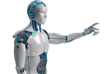 Isolated robot using artificial intelligence. Futuristic cyborg pointing finger. 3D rendering white and blue humanoid cut out with transparent background