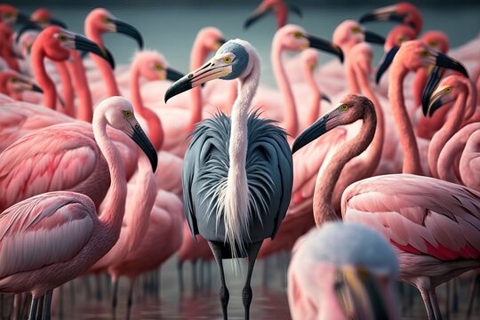 One gray heron among a flock of pink flamingos. One between others. One and many. Different, inspiring. Great for business, differences, individualities, loneliness, inclusion concepts. Generative AI - Powered by Adobe
