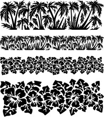 Palm trees and hibiscus flowers with monstera leaves. Tropical s