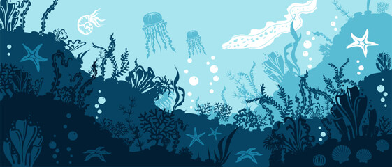 Underwater panoramic background. Corals and reef wildlife scene. Vector illustration with deep marine inhabitants. - obrazy, fototapety, plakaty