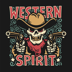 Fototapeta na wymiar Western cowboy skull in a hat with guns - print design for a t-shirt or something bigger. Bandit skull from the Wild West - retro-style print.