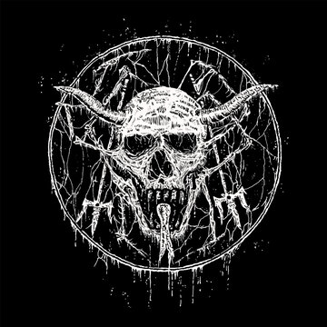 death metal skull illustration made with pen technique