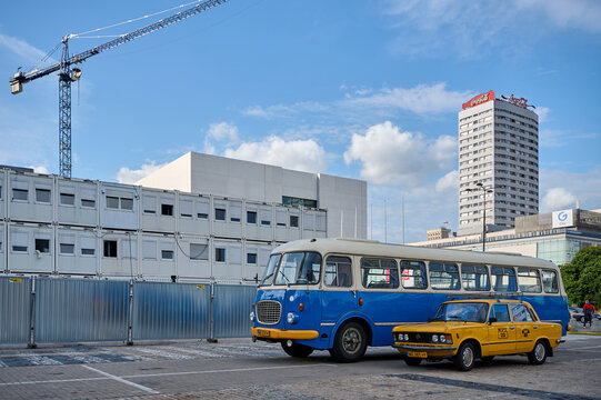 The Polish Jelcz bus and fiat 125p taxi1313, known from the previous era of the People's Republic of Poland and TV movies