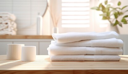Obraz na płótnie Canvas soft focused brighti light bathroom with towel stack on table, Generative Ai