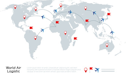 Global air logistic concept. Vector illustration of world map with air planes and traffic lines.