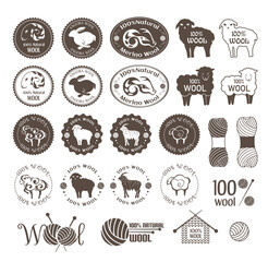 Wool labels. Set of sheep, rabbit and goat wool stickers. Signs and emblems for 100% natural wool products.