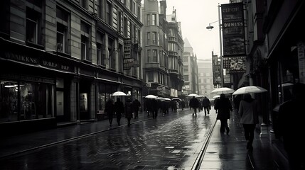 Fototapeta na wymiar 雨の日の街のモノクロ風景　generative ai