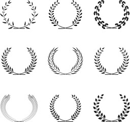 Award wreath collection. Vector decoration elements. Round foliate frames for certificate design, achievement, anniversary or heraldic emblems.