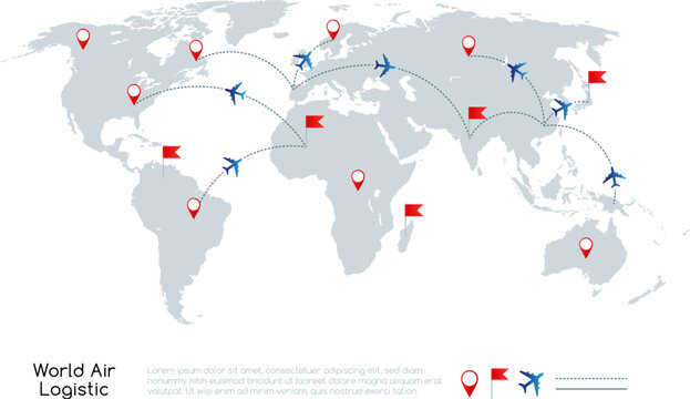Global air logistic concept. Vector illustration of world map with air planes and traffic lines.
