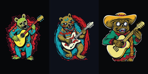 Set of a Mexican bear with a guitar, in the style of cartoon violence