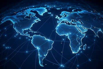 world map and globeal connection, Futuristic Digital Connections: Stylish CGI World Globe in Blue, Symbolizing Human Connectivity - obrazy, fototapety, plakaty