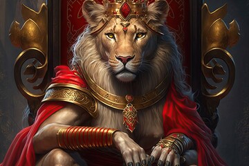 A majestic, regal lion sits on a throne. The ruler - the royal lion dressed in a red mantle with her  royal attributes, closeup. The lioness queen. Generative AI - obrazy, fototapety, plakaty