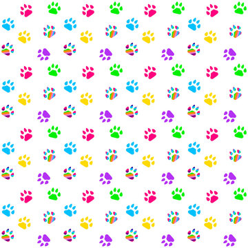 Colorful dog paw prints seamless pattern.